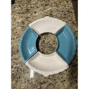 California Pottery Lazy Susan Dishes  #L55 USA 4 Pieces Teal/ White Vintage